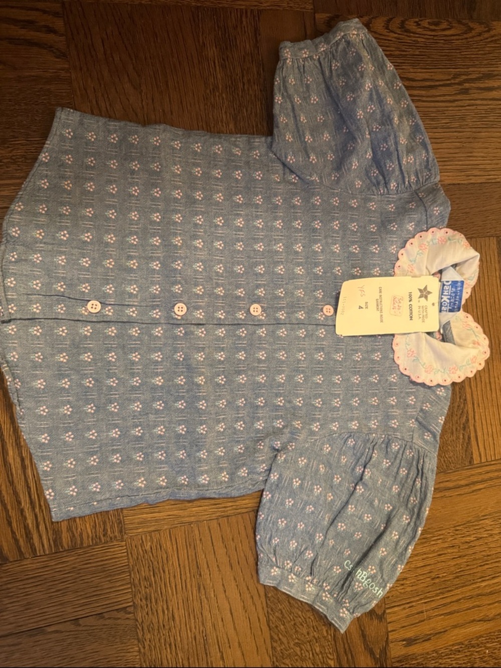 Vintage OshKosh B'gosh Light Blue Knit Button-Front Top with Pink flowers 4T